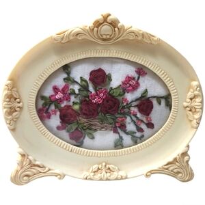 Handmade Needle Point Red Roses & Pink Flowers Framed Cottage Vintage Decor